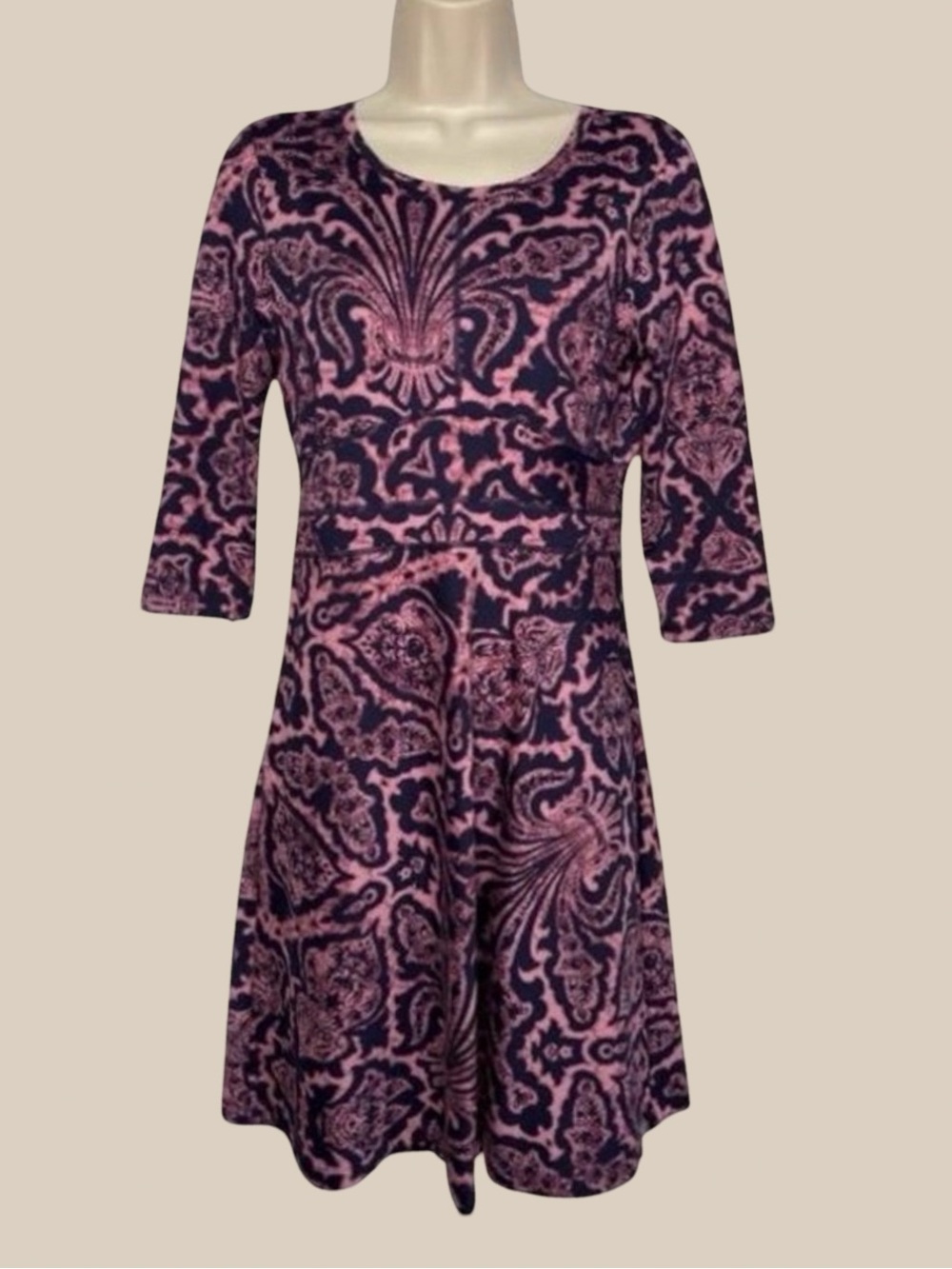 Title Nine Dream Dress Navy Pink Paisley Knit 3/4 Sleeve Fit Flare Athleisure XS